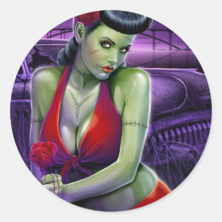 Sticker Rond amour de fille zombie avec voiture vintage rose