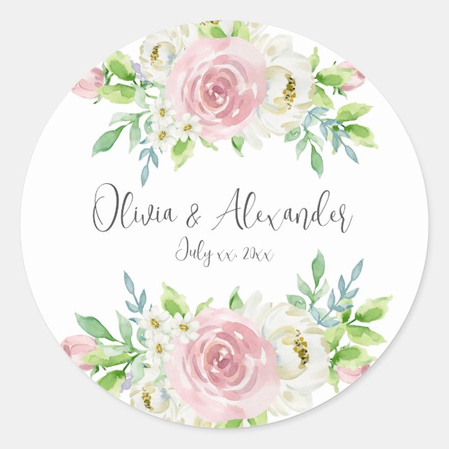 Sticker Rond Amour en Fleur, Aquarelle rose Mariage Floral (Devant)