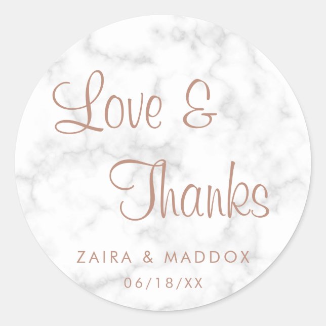 Sticker Rond Amour et Merci Marble Rose Gold Wedding Favor (Devant)