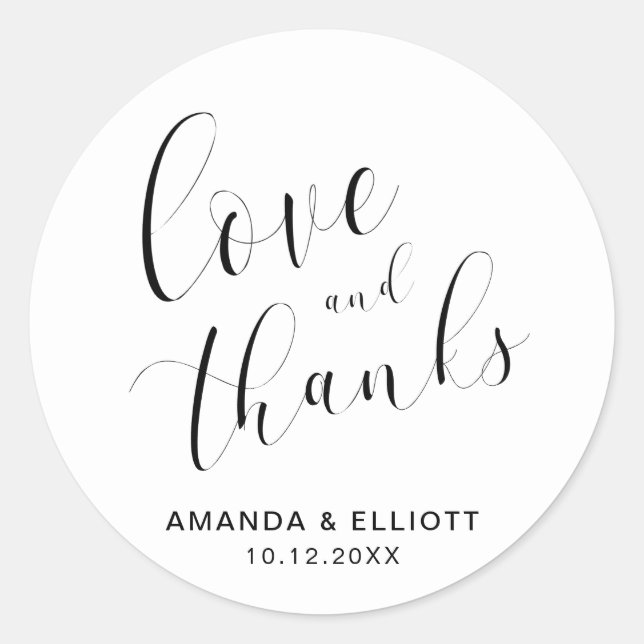 Sticker Rond Amour et Merci Noir Blanc Élégant Mariage Faveur (Devant)