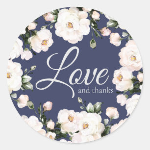 Sticker Rond Amour et Merci Purple Elegant White Roses Mariage