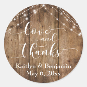 Sticker Rond Amour et Merci, Rustic Brown Wood & Lights