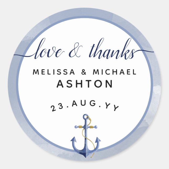 Sticker Rond Amour & Merci Aquarelle Nautique Mariage Favoriser (Devant)