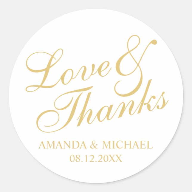 Sticker Rond 'Amour & Merci' Blanc & Or Elégant Mariage Faveur (Devant)