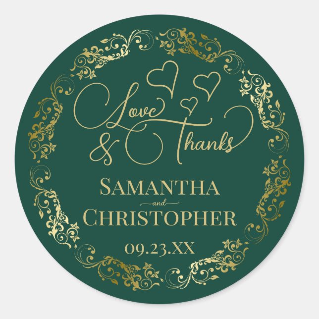 Sticker Rond Amour & Merci Élégant Emerald Green & Gold Mariage (Devant)