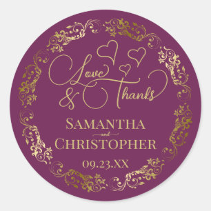 Sticker Rond Amour & Merci Élégant Magenta Plum & Gold Mariage
