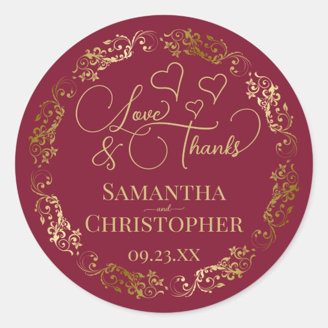 Sticker Rond Amour & Merci Elegant Mariage Bourgogne & Or (Devant)