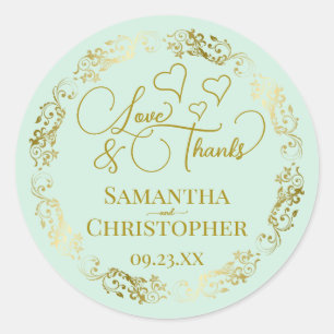 Sticker Rond Amour & Merci Elegant Mint Green & Gold Mariage