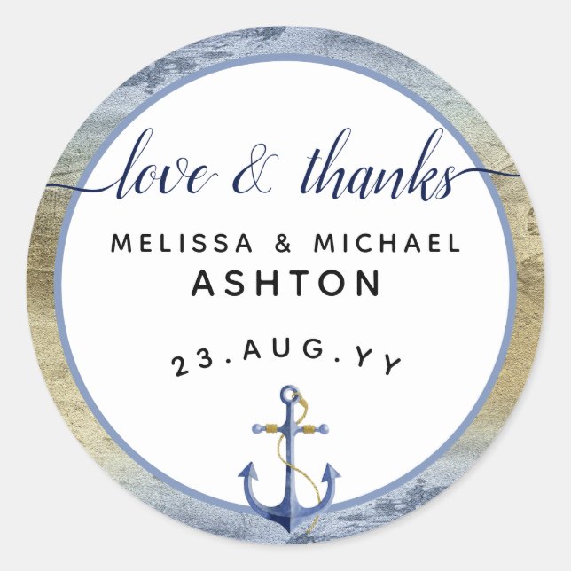 Sticker Rond Amour & Merci #Nautical Blue & Gold #Wedding Favor (Devant)