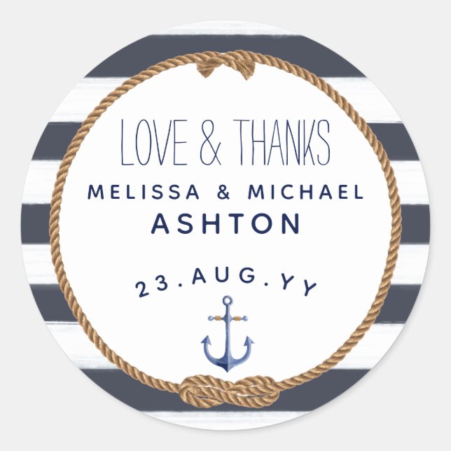 Sticker Rond Amour & Merci Nautique Marine Blue Wedding Favoris (Devant)