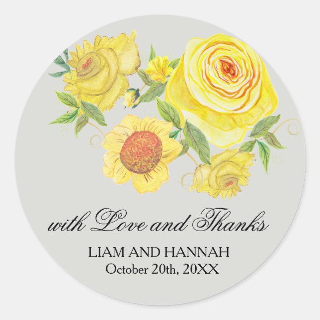 Sticker Rond Amour & Merci Sunflower Jaune Roses Mariage Faveur (Devant)