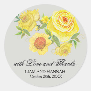 Sticker Rond Amour & Merci Sunflower Jaune Roses Mariage Faveur