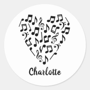 Sticker Rond Amour Musique Cœur de la Musique Notes avec Nom
