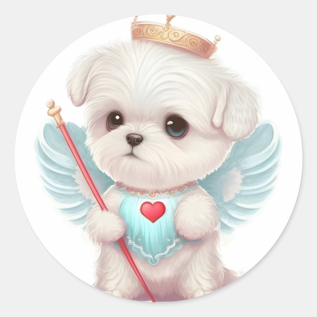 Sticker Rond Amour paradisiaque : Chien maltais mignon (Devant)