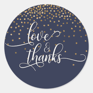 Sticker Rond Amour & Remerciements, Confettis dorés avec Bleu d