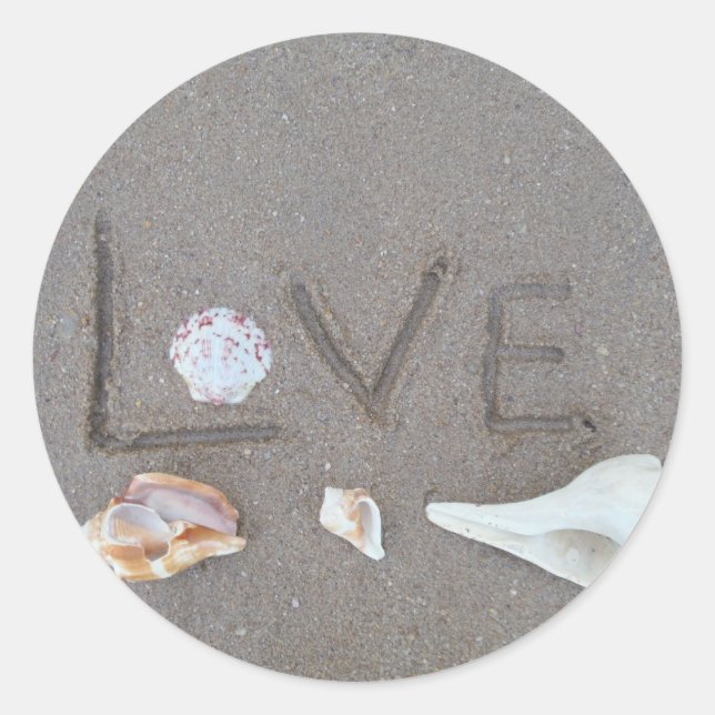 Sticker Rond Amour sur la plage avec coquillages (Devant)