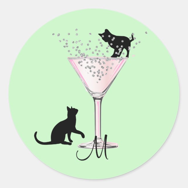 Sticker Rond Amoureux de les chats Bulles Vert Moderne Cocktail (Devant)
