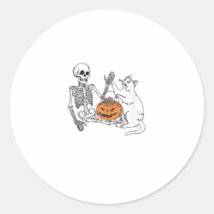 Sticker Rond Amoureux de les chats Halloween Funny Skeleton et 