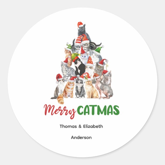 Sticker Rond Amoureux des chats personnalisé de Noël de chat (Devant)