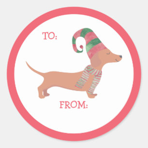 Sticker Rond Amoureux des chiens chiot de Noël de Cute Dachshun