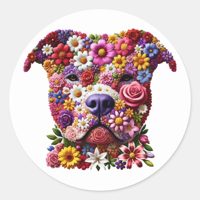 Sticker Rond Amoureux des chiens de la face de fleurs Pitbull (Devant)