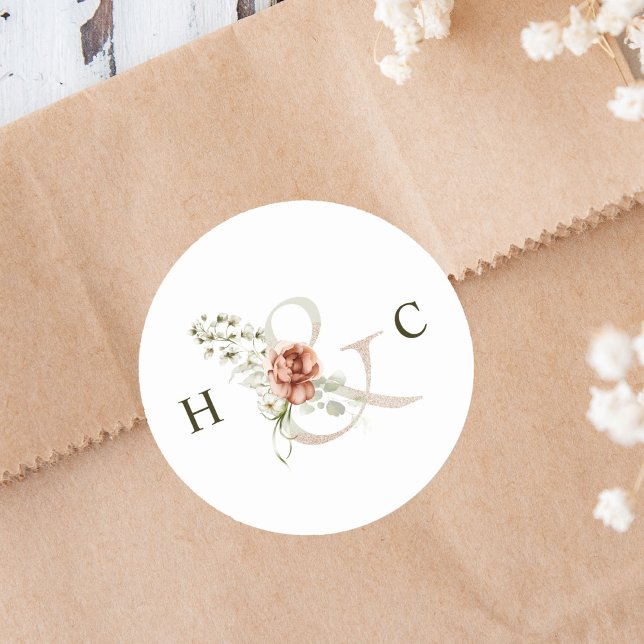 Sticker Rond Ampersand Floral Élégant Monogramme de mariage (Créateur téléchargé)
