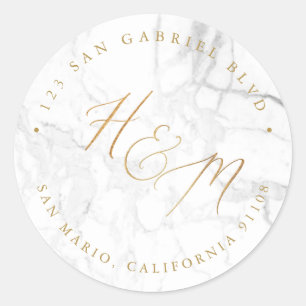 Sticker Rond Ampersand Monogramme Calligraphie Faux Gold Marble