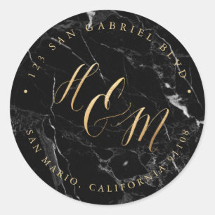 Sticker Rond Ampersand Monogramme Calligraphie Faux Gold Marble