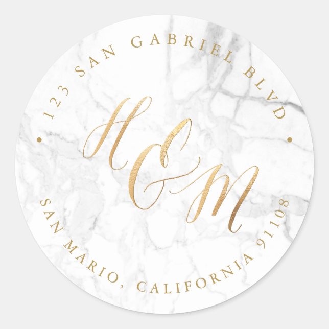 Sticker Rond Ampersand Monogramme Calligraphie Faux Gold Marble (Devant)