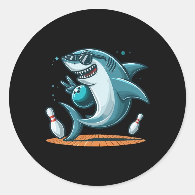 Sticker Rond Amusant Bowling Graphic Shark Bowling Design Funny (Devant)