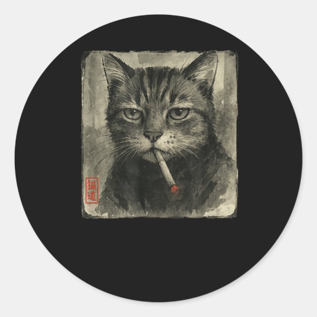 Sticker Rond Amusant Chat triste Fumer Cigarette Mème Lover Sum (Devant)