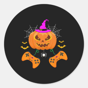 Sticker Rond Amusant Citrouille Jack-o'-lantern Video Gamer