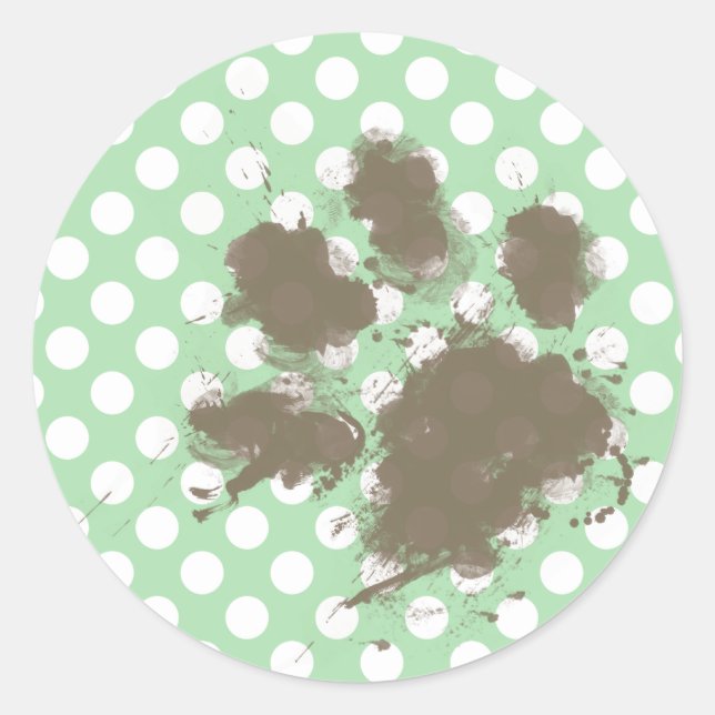 Sticker Rond Amusant Empreinte de patte sur Celadon Green Pois (Devant)