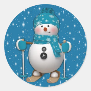 Sticker Rond Amusant Happy Ski Snowman