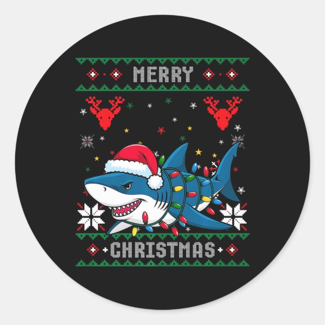 Sticker Rond Amusant Joyeux Vilain Requin de Noël Santa Hat Lum (Devant)