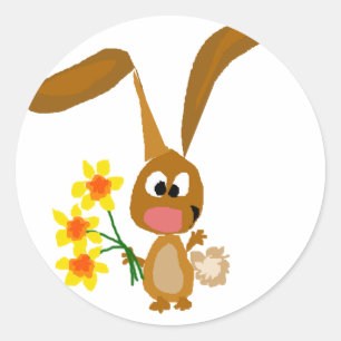 Sticker Rond Amusant lapin lapin Artsy tenant des fleurs de jon