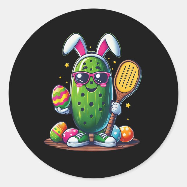 Sticker Rond Amusant Picket de Pâques Jouer Pickleball Bunn (Devant)