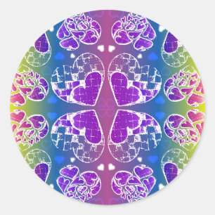 Sticker Rond Amusant Violet, bleu, jaune motif de Coeurs Whimsi