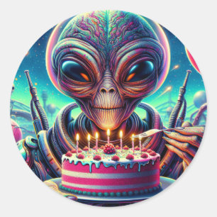 Sticker Rond Amusante fête d'anniversaire à thème Alien