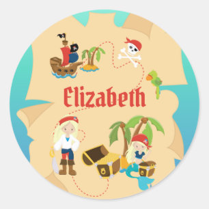 Sticker Rond Amusants Personnalisé Pirate Girl Carte des trésor
