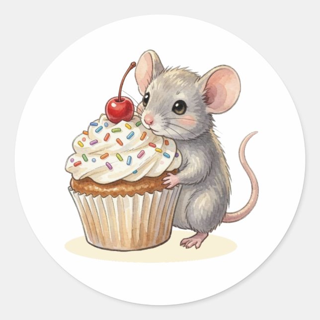 Sticker Rond An Adorable Birthday Mouse with Cupcake (Devant)