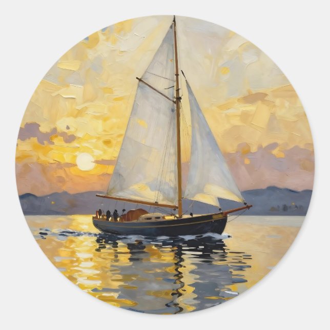 Sticker Rond An Impasto Illustration of a Sailboat at Sunset (Devant)