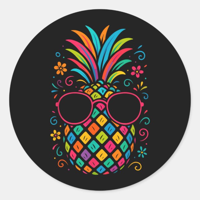 Sticker Rond Ananas arc-en-ciel cool avec lunettes de soleil Ét (Devant)