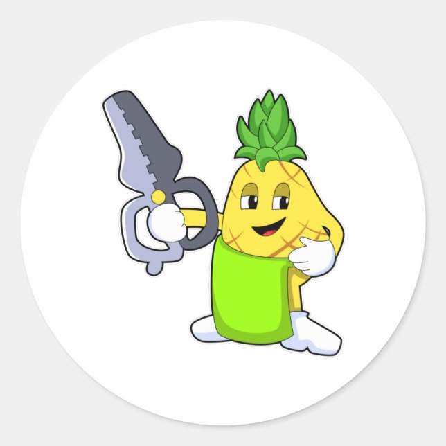Sticker Rond Ananas comme coiffeur avec ciseaux et razor (Devant)