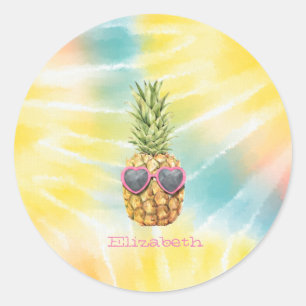Sticker Rond Ananas Cool, Tie-Dye Arc-en-Ciel Aquarelle 