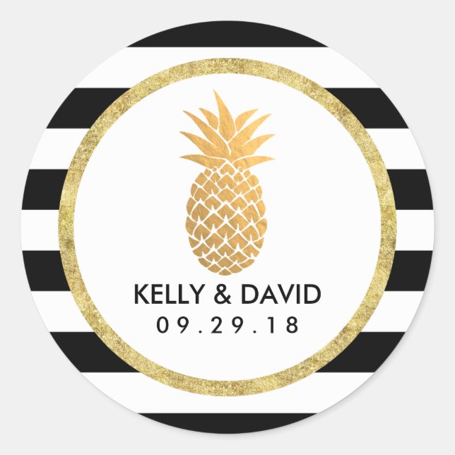 Sticker Rond Ananas Gold Moderne Grèves Mariage Tropical (Devant)