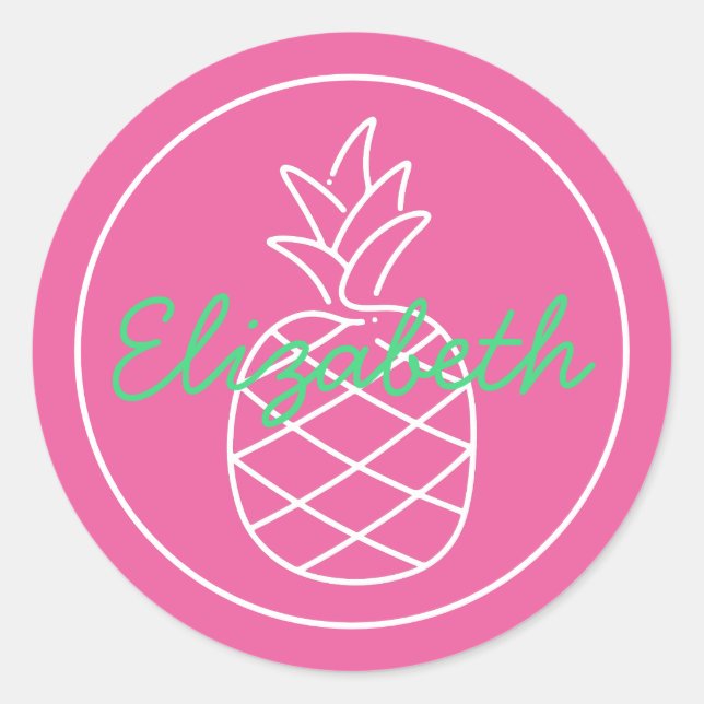 Sticker Rond Ananas rose et vert Preppy Personnalisé (Devant)