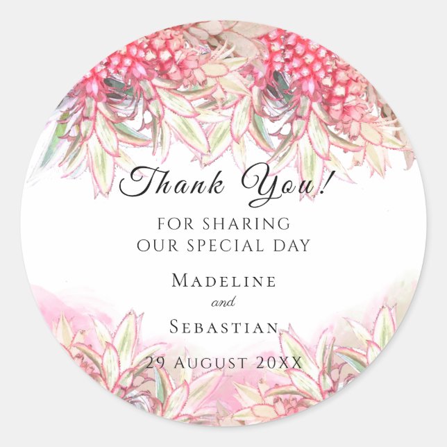 Sticker Rond Ananas rose exotique Merci Mariage (Devant)