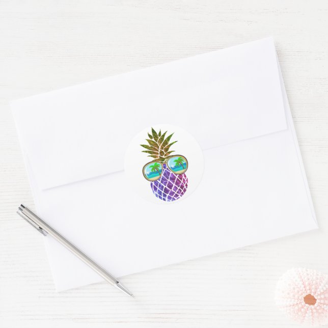 Sticker Rond Ananas rose pourpre tropical (Enveloppe)