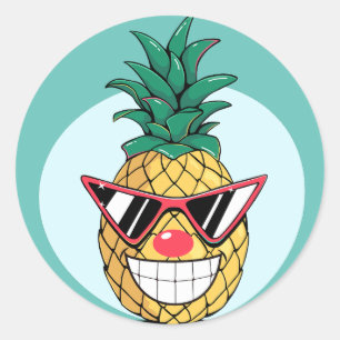 Sticker Rond Ananas souriant portant lunettes de soleil et nez 